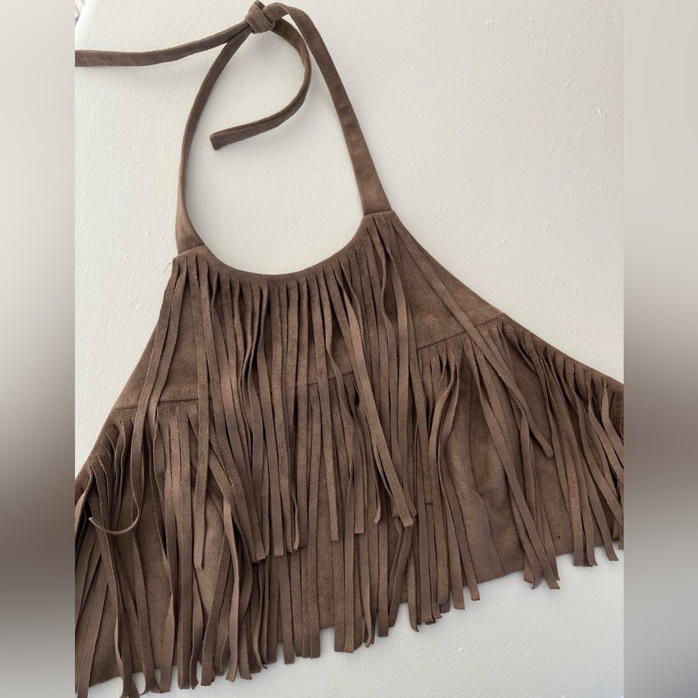 BCBGMaxAzria Brown Velvet Fringe Halter Top